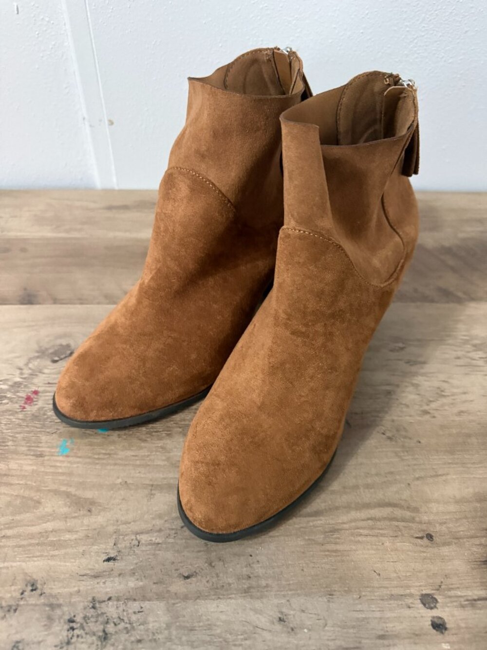 🍂 Stylish & Versatile! Brash Cognac Faux Suede Rear-Zip Ankle Booties